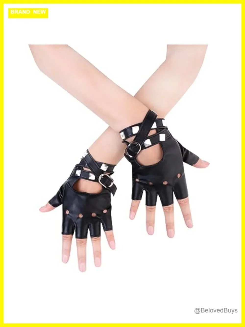 Women PU Leather Punk Half Finger Gloves with Straps and Rivets for Costume